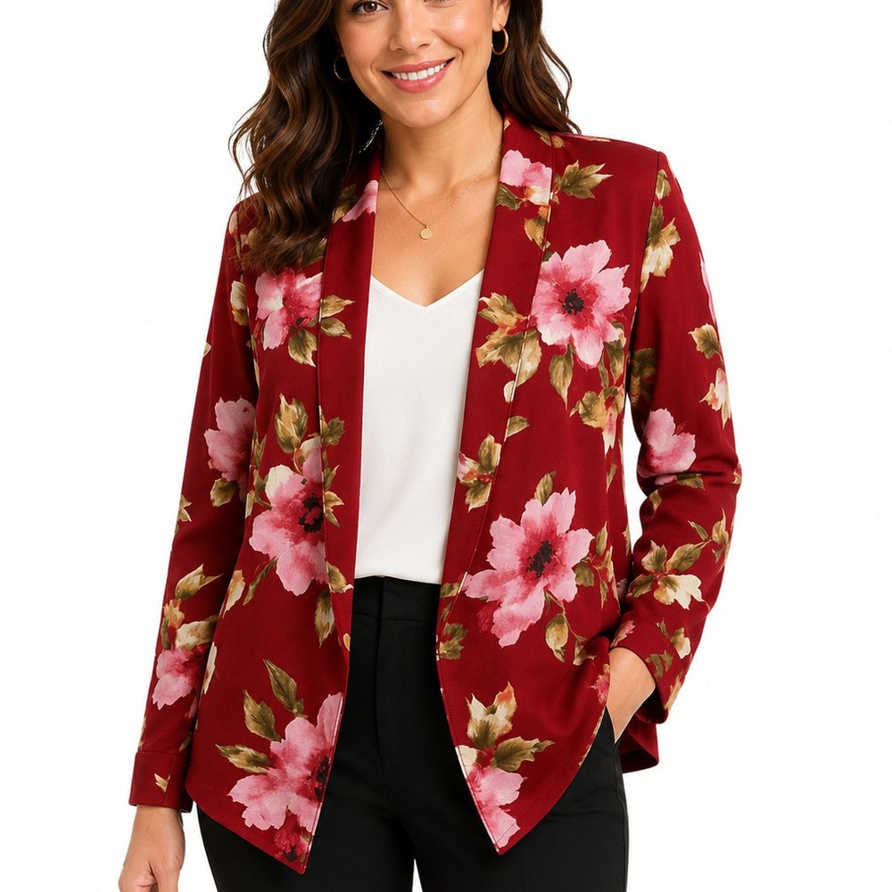 Womens Burgundy Sile L Floral Open Front Blazer Jacket Cardigan Chocolate USA